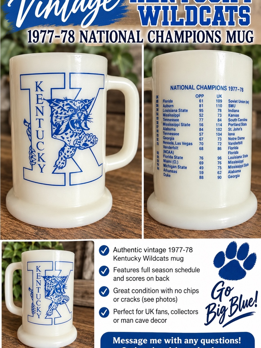 Vintage Kentucky Wildcats 1977-78 National Champions Mug - Blue on Cream